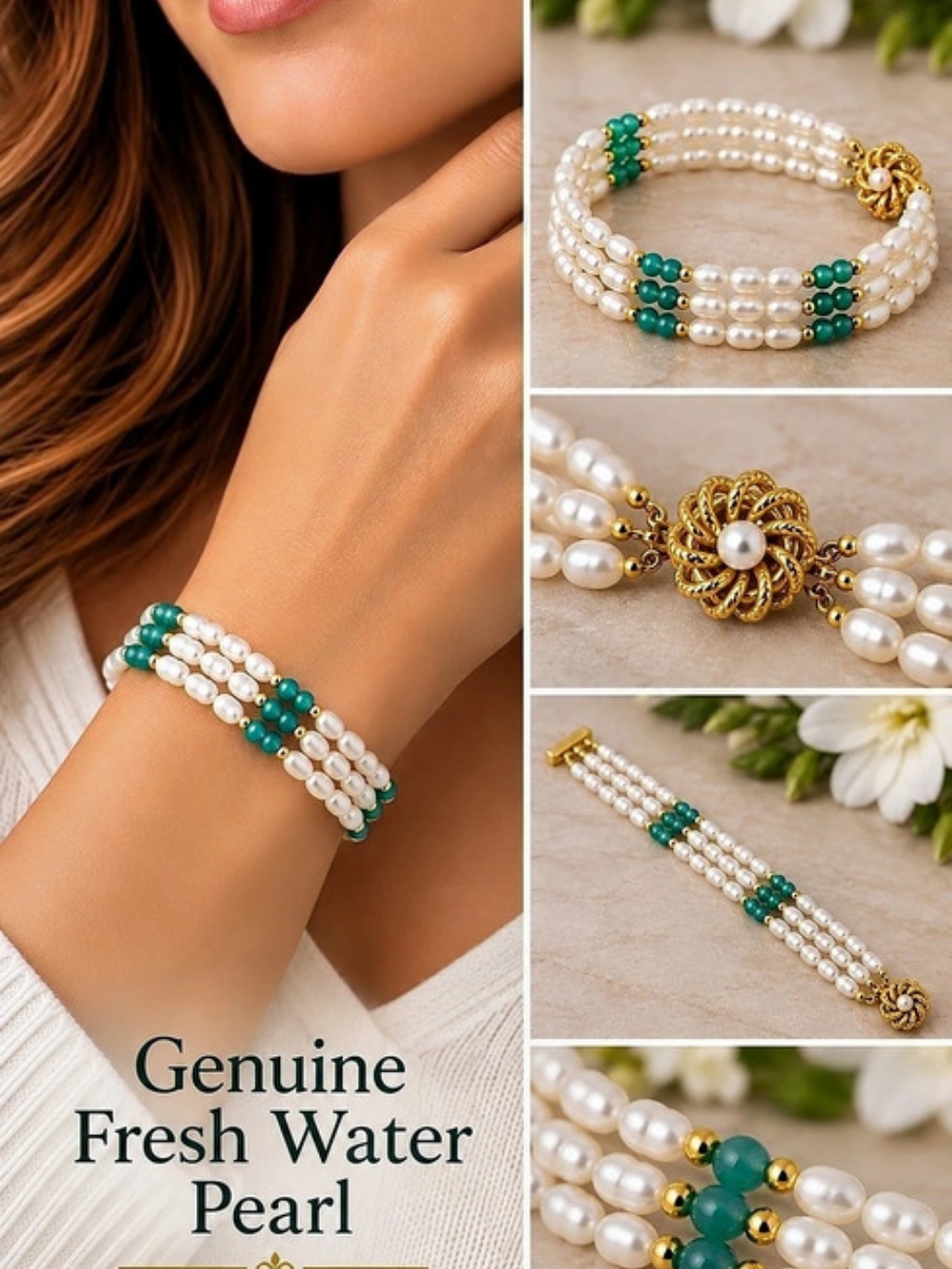 Freshwater Pearl Multi-Strand Bracelet White & Green